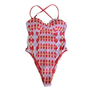 Maeve by Anthropologie Smocked Geometric One Piece Swimsuit Coral‎ Pink Large